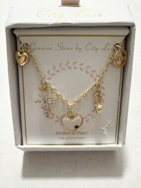City Luxe 14k Gold-Plated Mom Mother of Pearl Heart & Cross Charm Necklace
